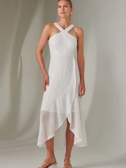 Jolie Moi Occasion Dresses|Sleeveless Dresses-Cross Neck Frill Hem Maxi Dress, White