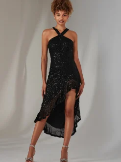 Jolie Moi Occasion Dresses|Party Dresses-Cross Neck Side Ruffle Sequin Dress, Black