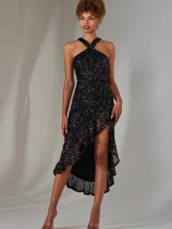 Jolie Moi Occasion Dresses|Party Dresses-Cross Neck Side Ruffle Sequin Dress, Navy Multi