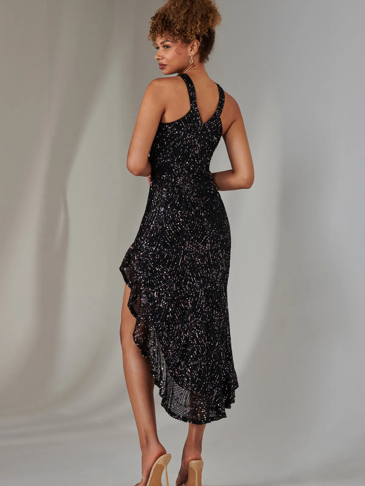 Jolie Moi Occasion Dresses|Party Dresses-Cross Neck Side Ruffle Sequin Dress, Navy Multi