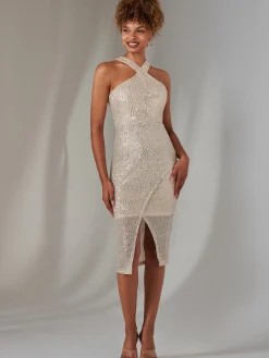 Jolie Moi Occasion Dresses|Party Dresses-Cross Neck Slit Bodycon Dress, Beige Silver