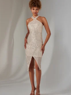 Jolie Moi Occasion Dresses|Party Dresses-Cross Neck Slit Bodycon Dress, Beige Silver