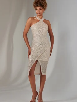 Jolie Moi Occasion Dresses|Party Dresses-Cross Neck Slit Bodycon Dress, Beige Silver