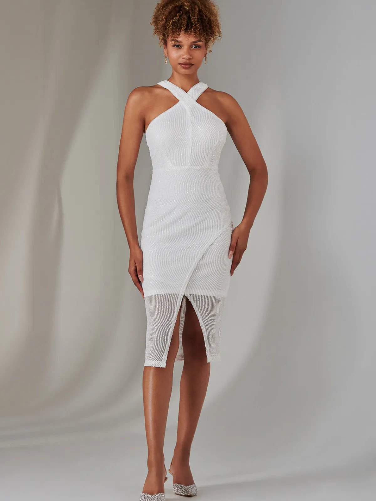 Jolie Moi Occasion Dresses|Party Dresses-Cross Neck Slit Bodycon Dress, White