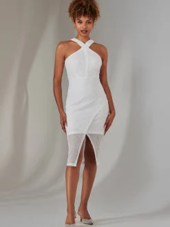 Jolie Moi Occasion Dresses|Party Dresses-Cross Neck Slit Bodycon Dress, White