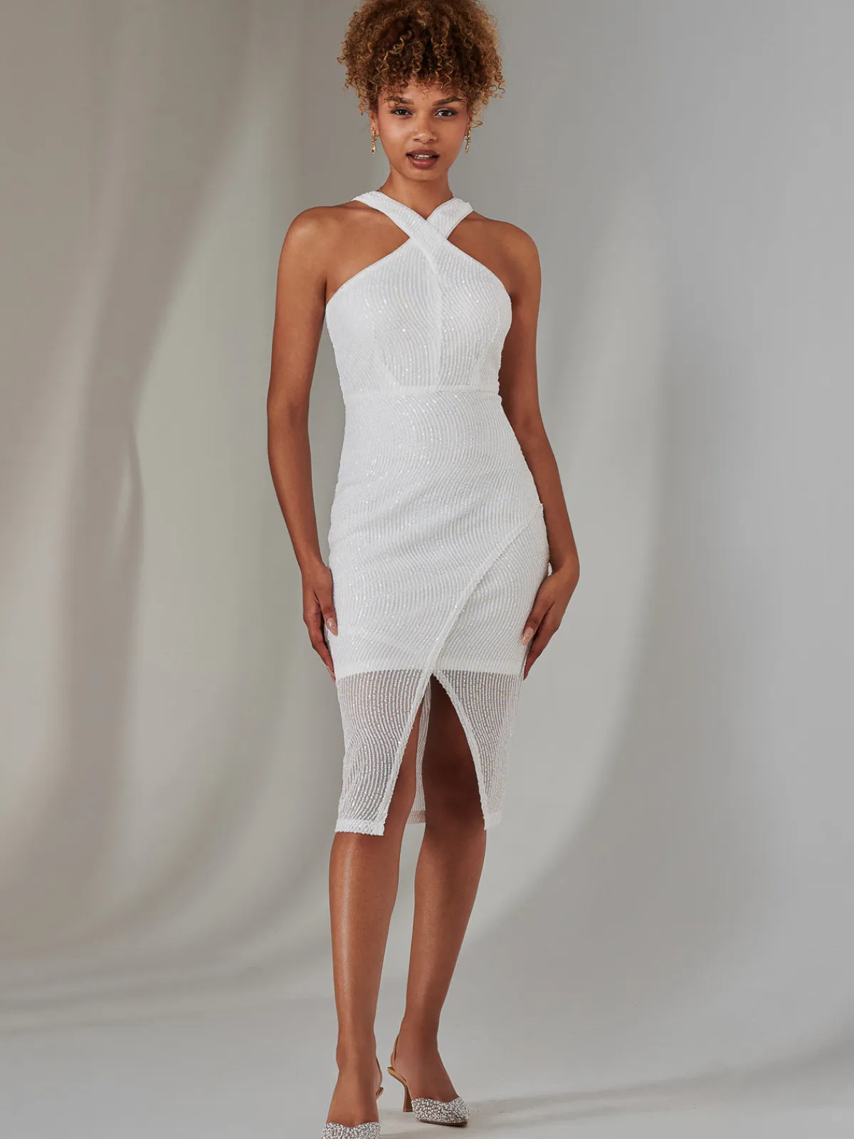 Jolie Moi Occasion Dresses|Party Dresses-Cross Neck Slit Bodycon Dress, White