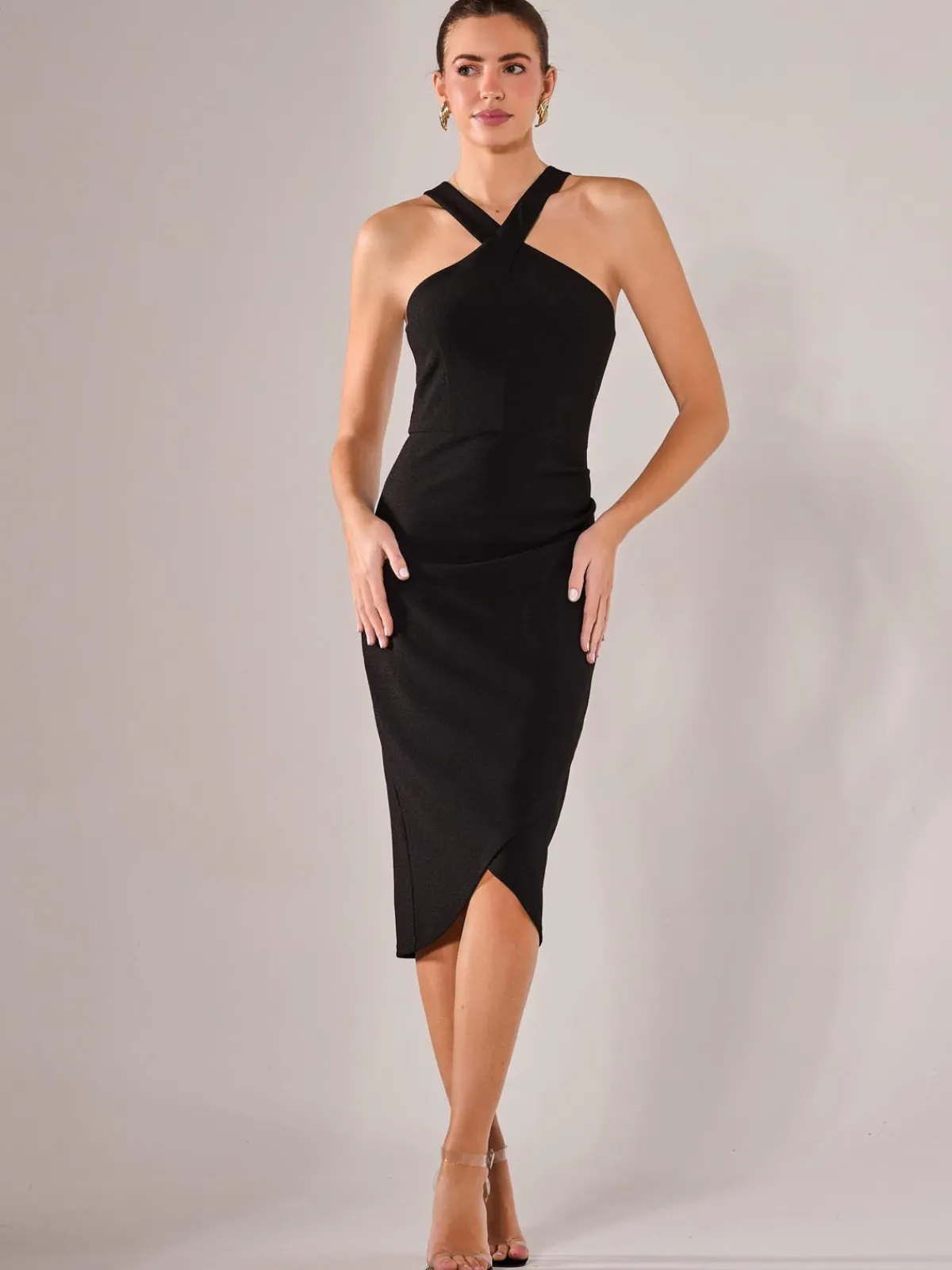 Jolie Moi Occasion Dresses|Little Black Dresses-Cross Over Halter Neck Midi Dress, Black