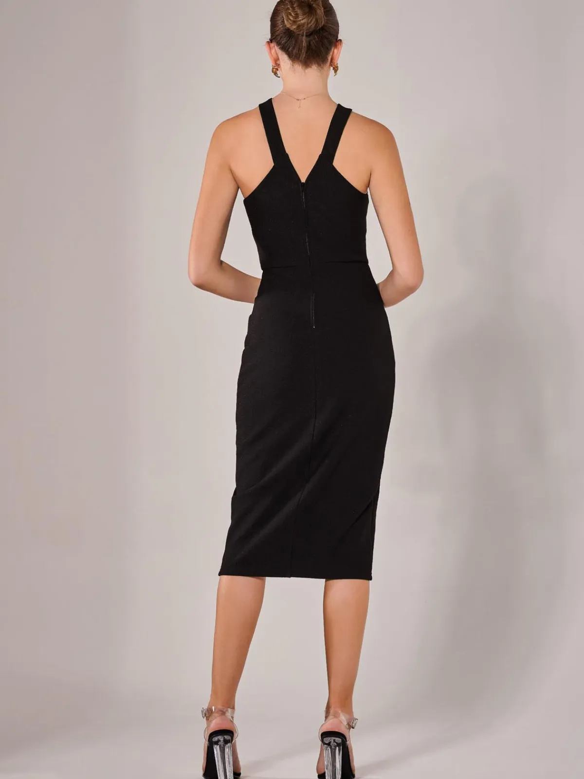 Jolie Moi Occasion Dresses|Little Black Dresses-Cross Over Halter Neck Midi Dress, Black