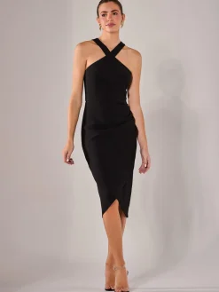 Jolie Moi Occasion Dresses|Little Black Dresses-Cross Over Halter Neck Midi Dress, Black