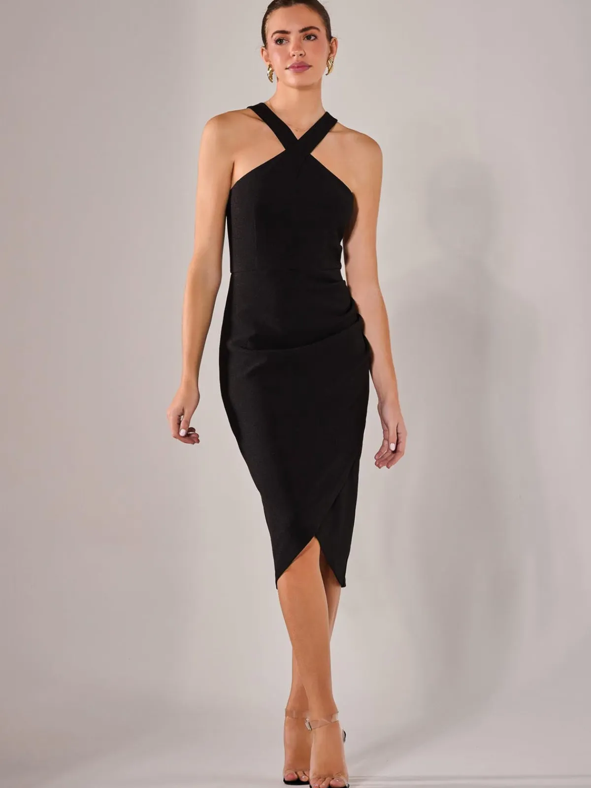 Jolie Moi Occasion Dresses|Little Black Dresses-Cross Over Halter Neck Midi Dress, Black