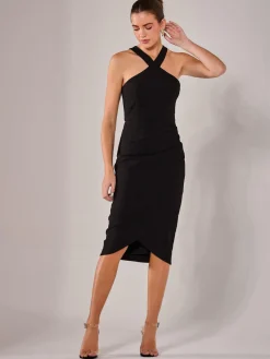 Jolie Moi Occasion Dresses|Little Black Dresses-Cross Over Halter Neck Midi Dress, Black