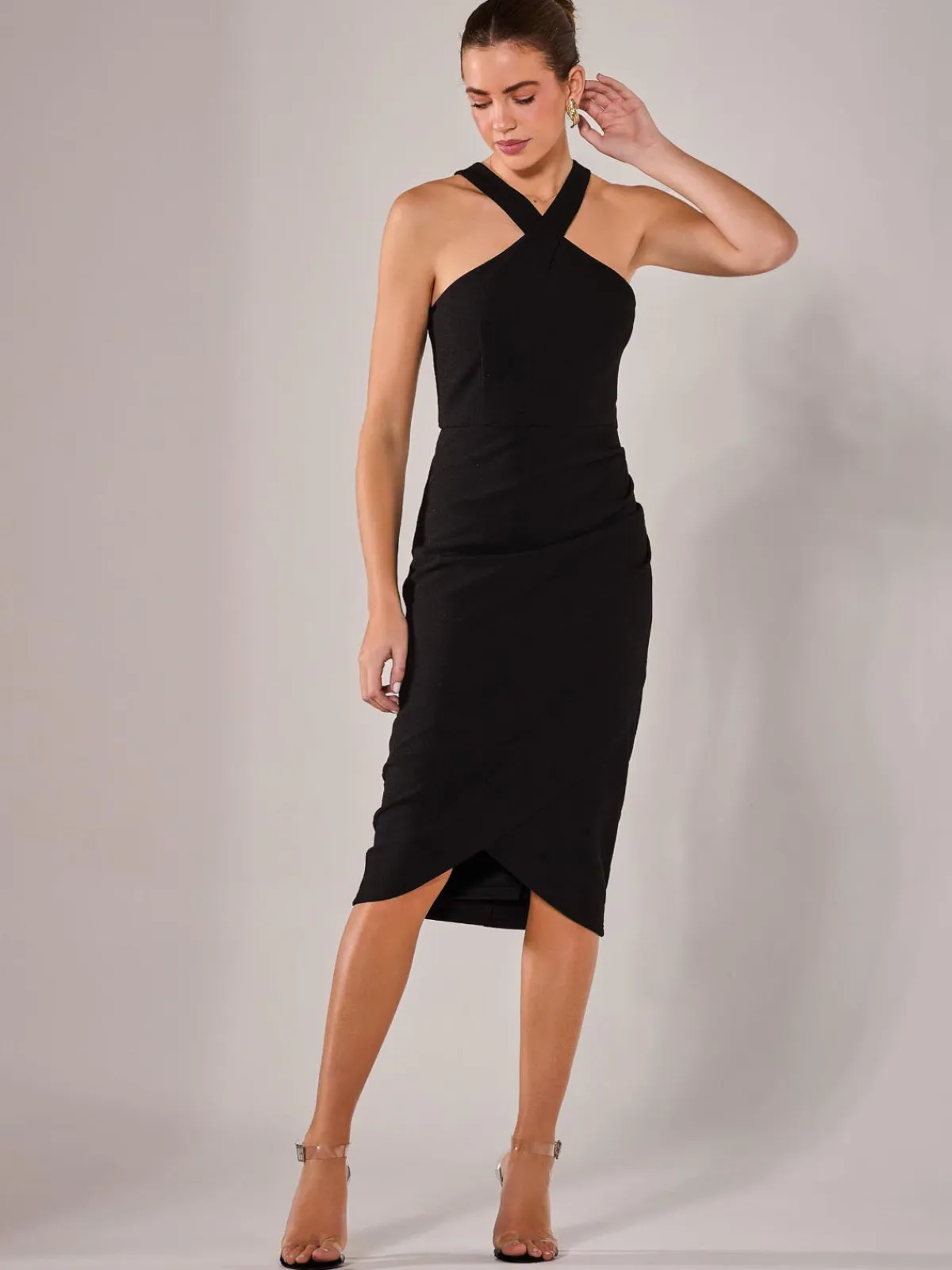 Jolie Moi Occasion Dresses|Little Black Dresses-Cross Over Halter Neck Midi Dress, Black
