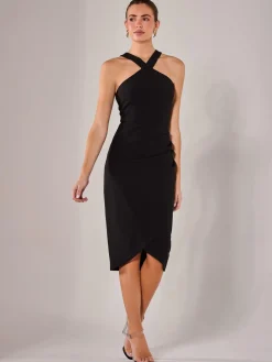 Jolie Moi Occasion Dresses|Little Black Dresses-Cross Over Halter Neck Midi Dress, Black