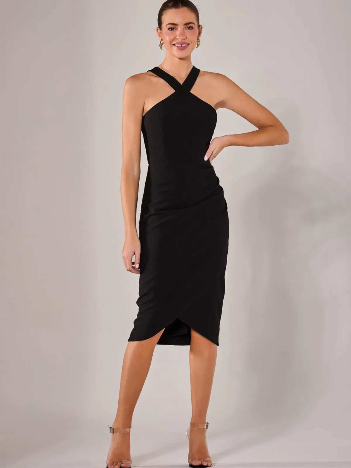 Jolie Moi Occasion Dresses|Little Black Dresses-Cross Over Halter Neck Midi Dress, Black