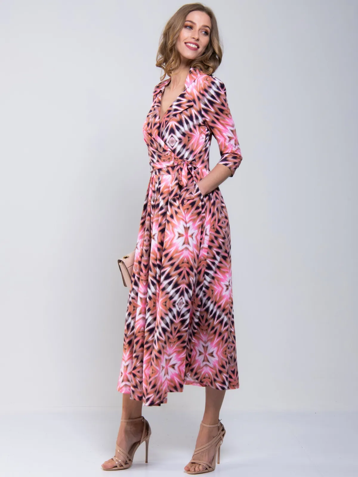 Jolie Moi Occasion Dresses|Maxi Dresses-Cross Over Tie Waist Maxi Dress, Pink Multi