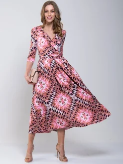 Jolie Moi Occasion Dresses|Maxi Dresses-Cross Over Tie Waist Maxi Dress, Pink Multi