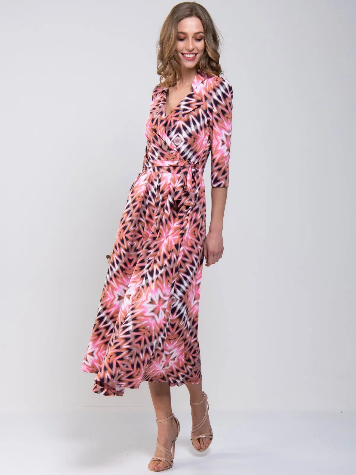 Jolie Moi Occasion Dresses|Maxi Dresses-Cross Over Tie Waist Maxi Dress, Pink Multi