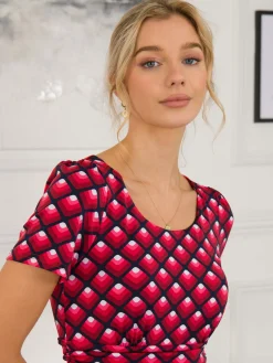 Jolie Moi Occasion Dresses|Jersey Dresses-Danna Scoop Neck Dress, Red Geo