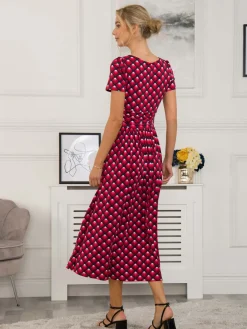 Jolie Moi Occasion Dresses|Jersey Dresses-Danna Scoop Neck Dress, Red Geo