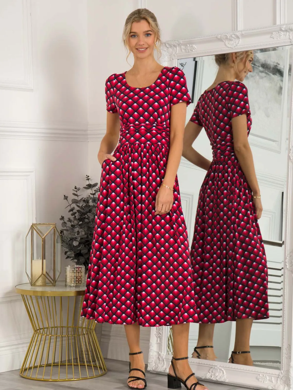 Jolie Moi Occasion Dresses|Jersey Dresses-Danna Scoop Neck Dress, Red Geo