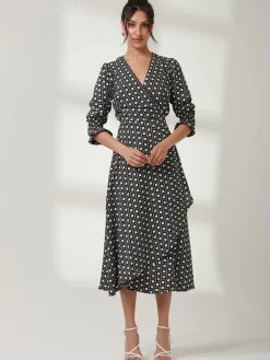 Jolie Moi Office Wear|Office Dresses-Daphne Puff Sleeve Bodycon Dress, Black Geo