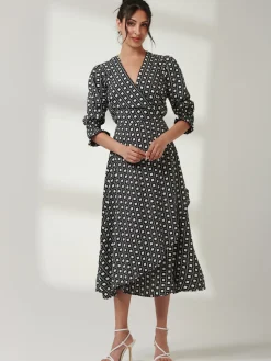 Jolie Moi Office Wear|Office Dresses-Daphne Puff Sleeve Bodycon Dress, Black Geo