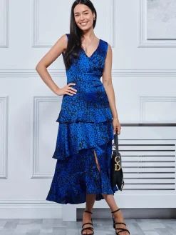 Jolie Moi Occasion Dresses|Weekend Casuals-Della Crepe Frill Hem Maxi Dress, Blue Leopard