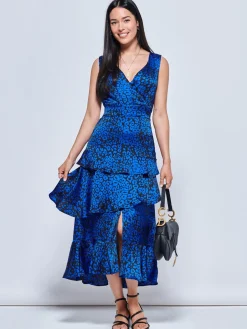Jolie Moi Occasion Dresses|Weekend Casuals-Della Crepe Frill Hem Maxi Dress, Blue Leopard