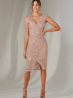 Jolie Moi Occasion Dresses|Party Dresses-Demi Sequin Wrap Slit Bodycon Dress, Rose Pink