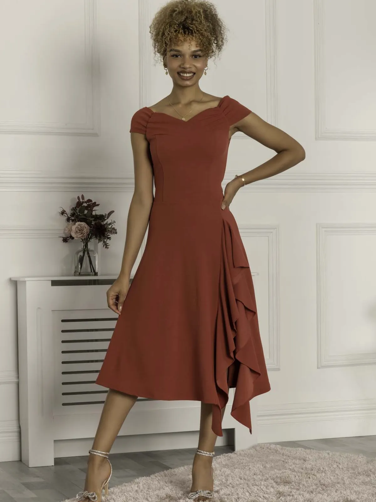 Jolie Moi Occasion Dresses|Sleeveless Dresses-Desiree Frill Fit & Flare Dress, Rusty Red