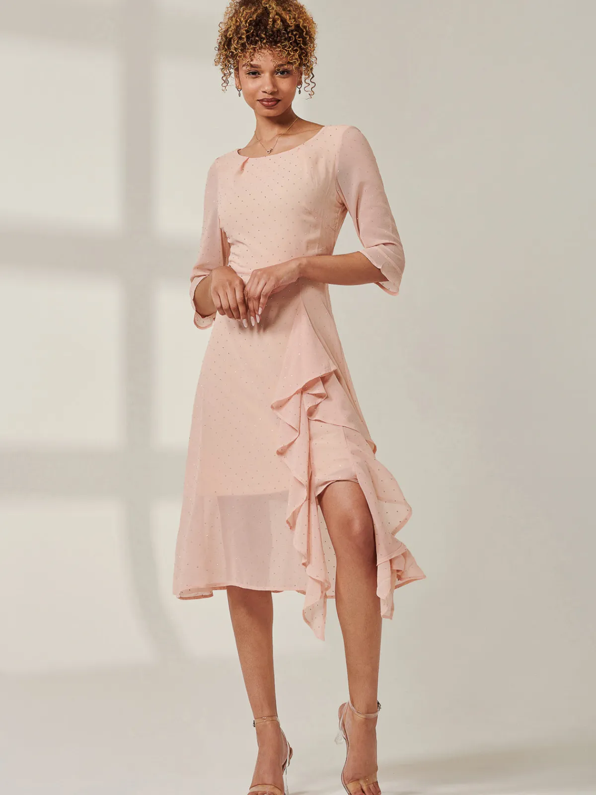 Jolie Moi Occasion Dresses|Party Dresses-Diamante Embellished Chiffon Midi Dress, Nude