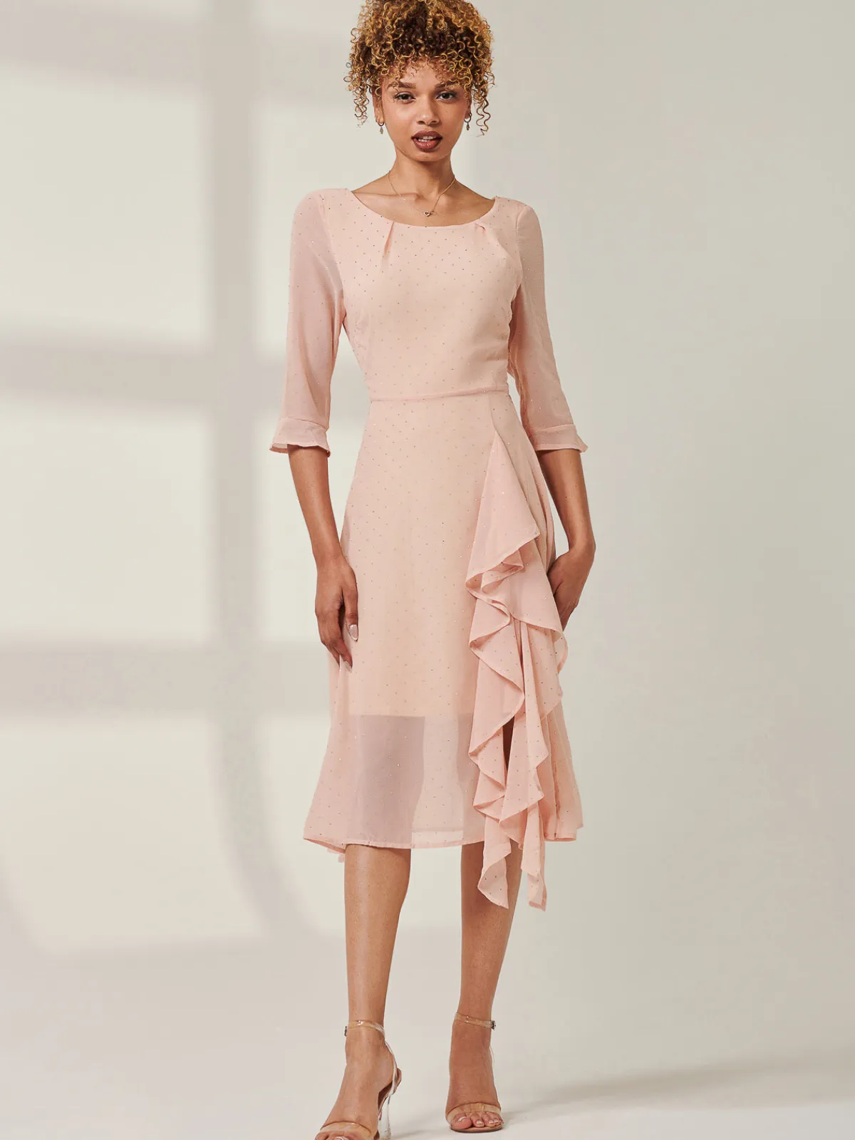 Jolie Moi Occasion Dresses|Party Dresses-Diamante Embellished Chiffon Midi Dress, Nude