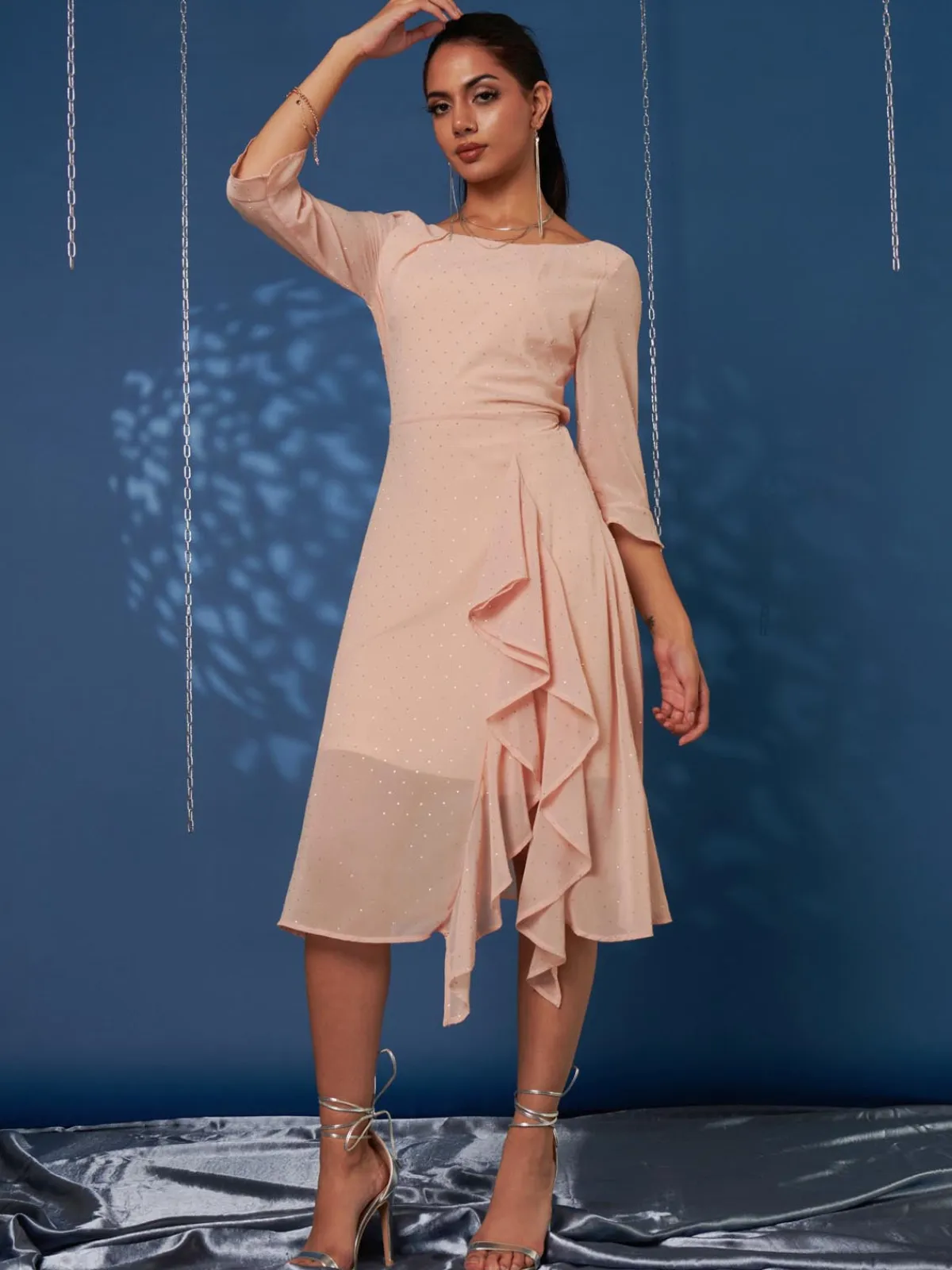 Jolie Moi Occasion Dresses|Party Dresses-Diamante Embellished Chiffon Midi Dress, Nude