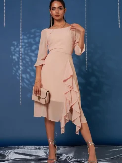 Jolie Moi Occasion Dresses|Party Dresses-Diamante Embellished Chiffon Midi Dress, Nude