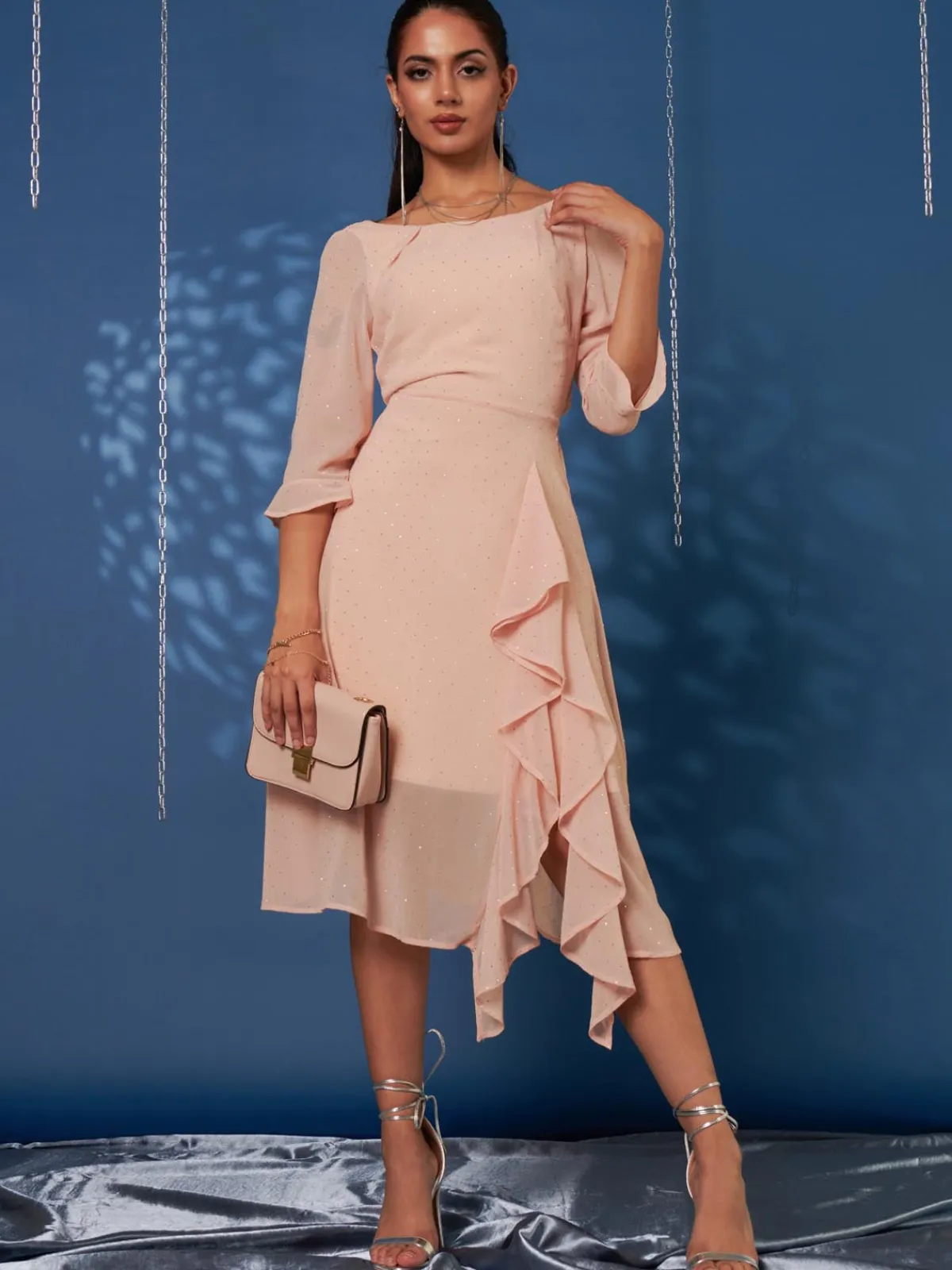 Jolie Moi Occasion Dresses|Party Dresses-Diamante Embellished Chiffon Midi Dress, Nude