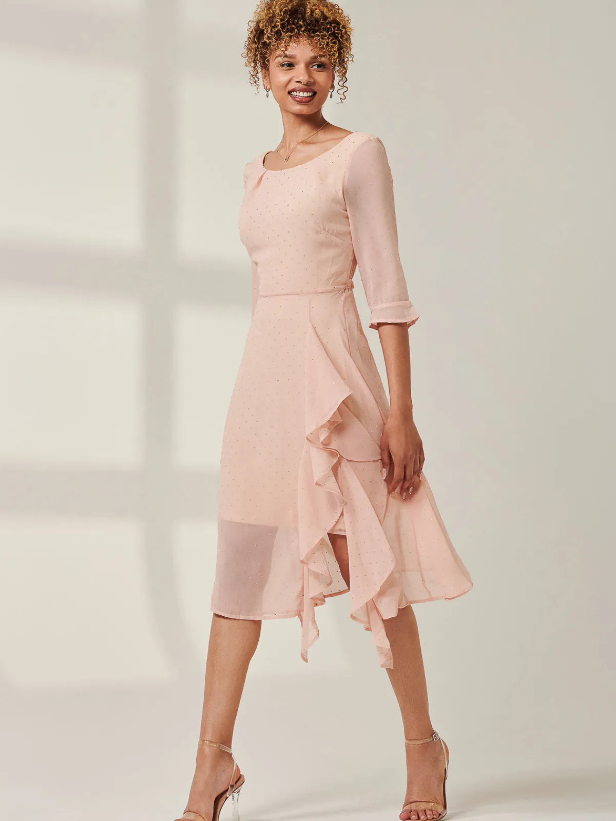 Jolie Moi Occasion Dresses|Party Dresses-Diamante Embellished Chiffon Midi Dress, Nude
