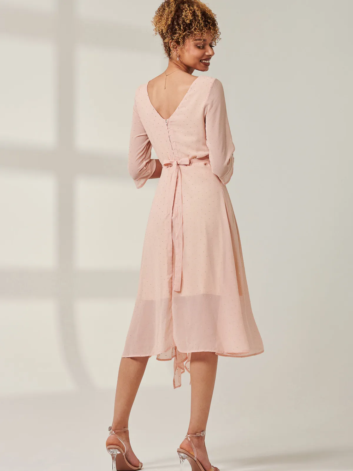 Jolie Moi Occasion Dresses|Party Dresses-Diamante Embellished Chiffon Midi Dress, Nude