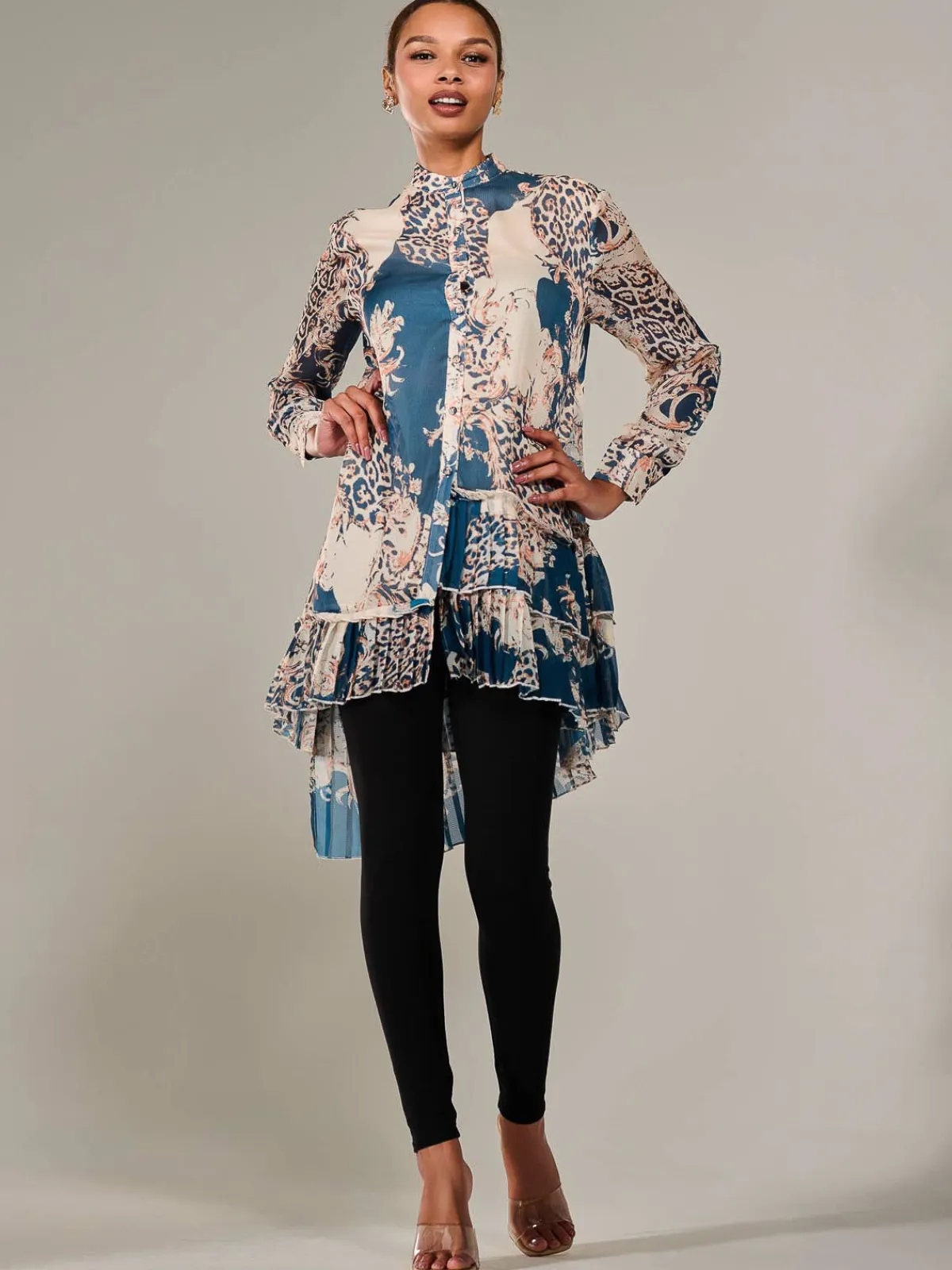 Jolie Moi Animal Print Dresses|Weekend Casuals-Dipped Hem Shirt Midi Dress, Teal Animal