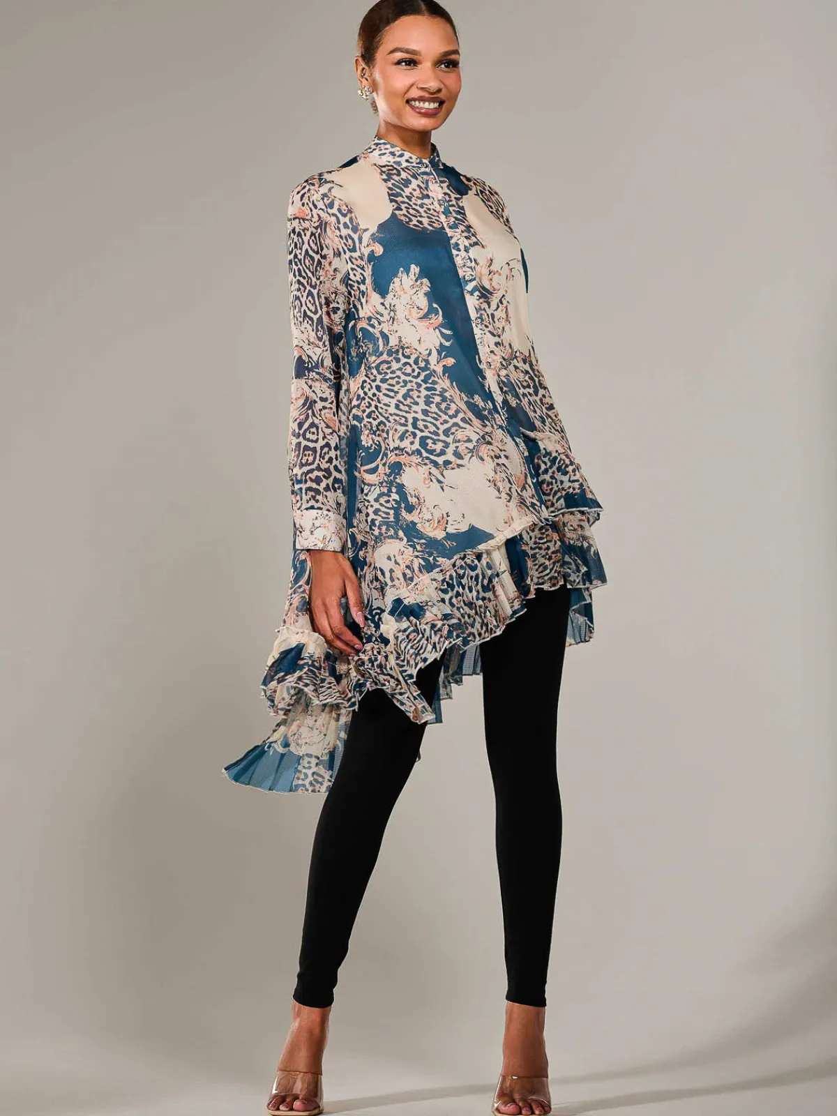 Jolie Moi Animal Print Dresses|Weekend Casuals-Dipped Hem Shirt Midi Dress, Teal Animal