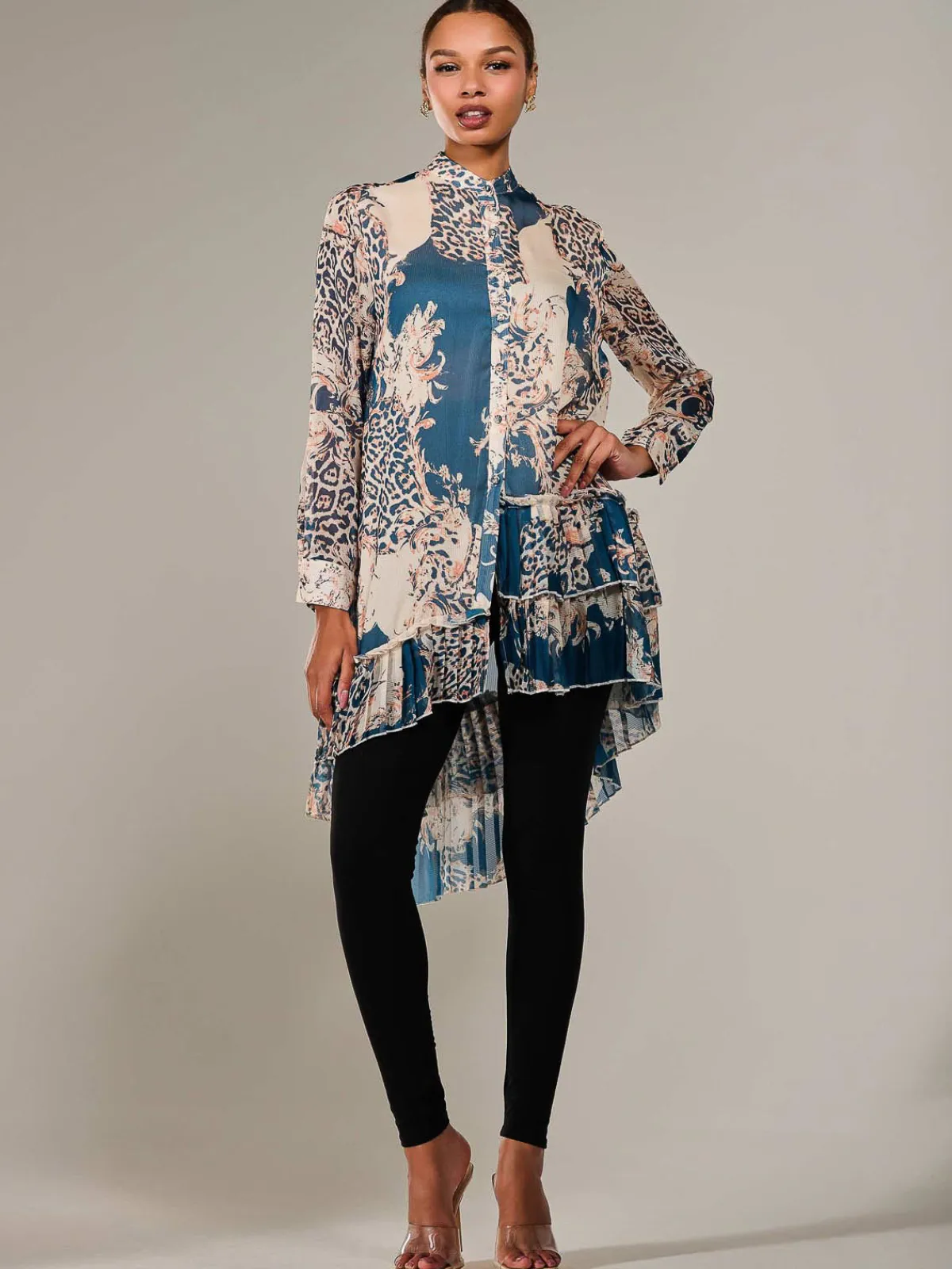 Jolie Moi Animal Print Dresses|Weekend Casuals-Dipped Hem Shirt Midi Dress, Teal Animal