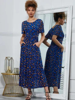 Jolie Moi Occasion Dresses|Weekend Casuals-Dorothy 3/4 Sleeve Maxi Dress, Blue Animal