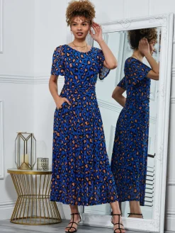 Jolie Moi Occasion Dresses|Weekend Casuals-Dorothy 3/4 Sleeve Maxi Dress, Blue Animal