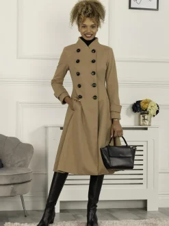 Jolie Moi Coats & Jackets-Double Breasted Button Detail Fit And Flare Coat, Camel