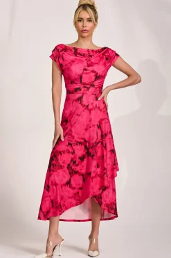 Jolie Moi Jersey Dresses|Midi Dresses-Draped Asymmetric Jersey Midi dress, Red Abstract