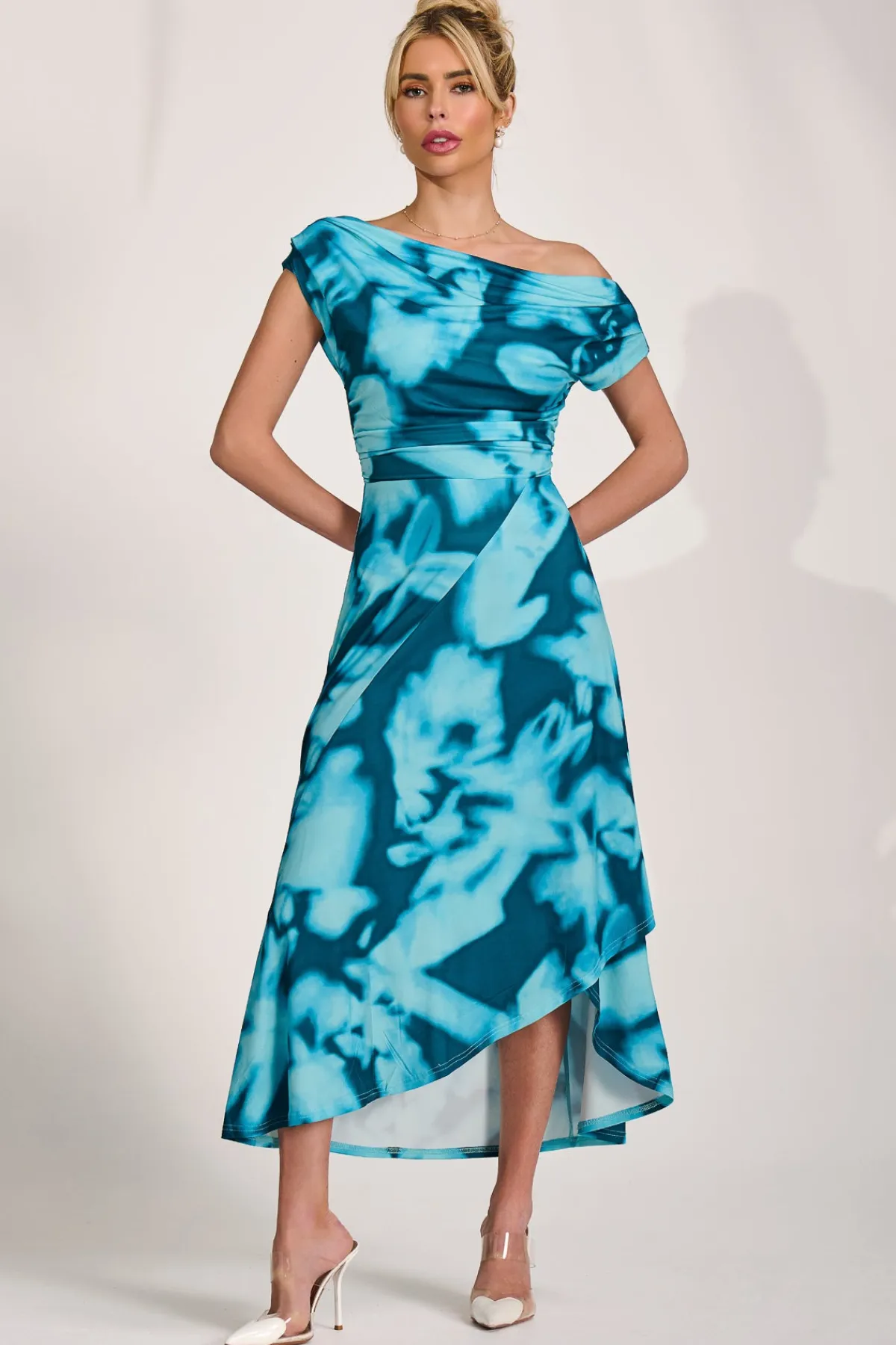Jolie Moi Occasion Dresses|Jersey Dresses-Draped Asymmetric Jersey Midi dress, Teal Abstract