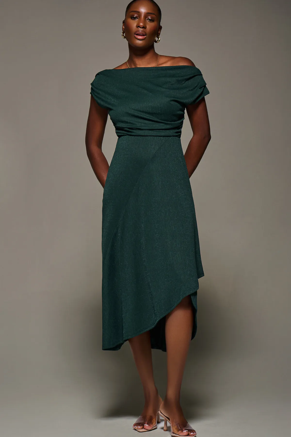 Jolie Moi Occasion Dresses|Jersey Dresses-Draped Jersey Cowl Neck Midi Dress, Dark Green