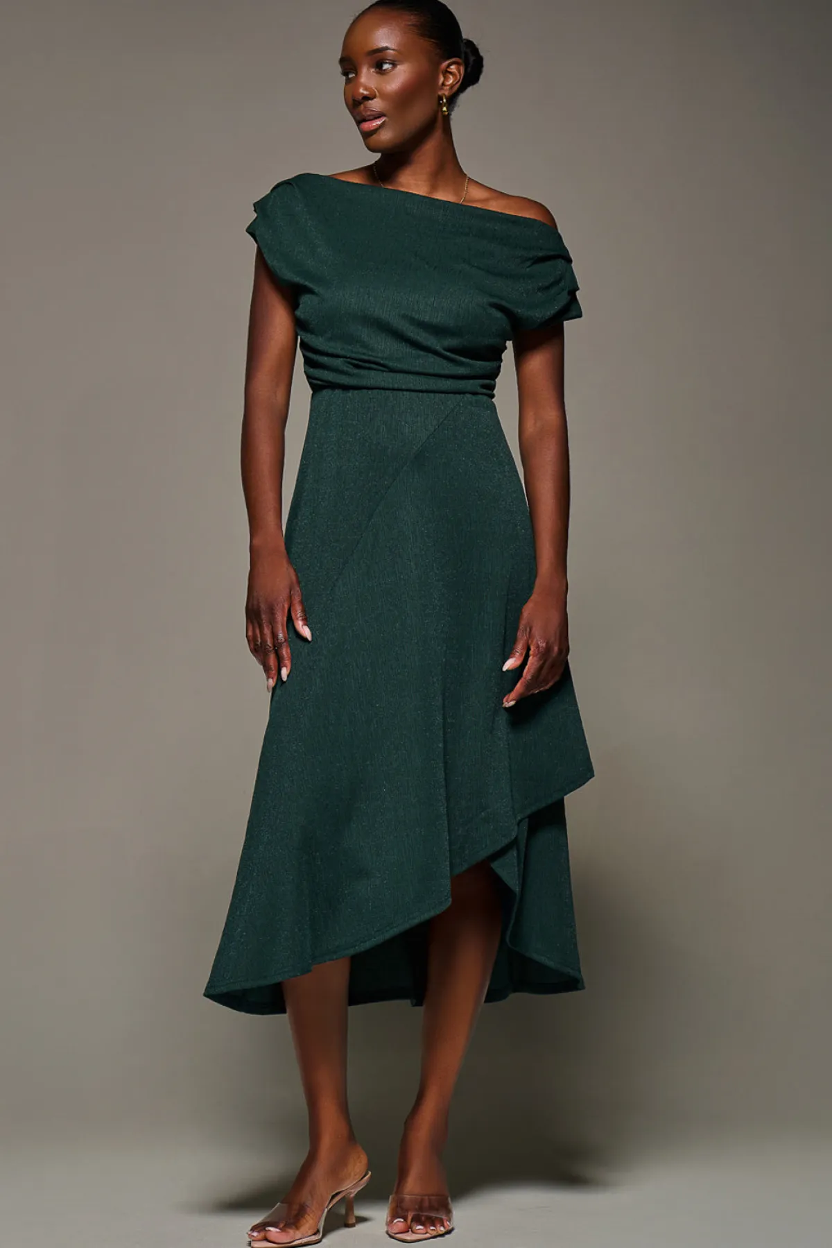 Jolie Moi Occasion Dresses|Jersey Dresses-Draped Jersey Cowl Neck Midi Dress, Dark Green