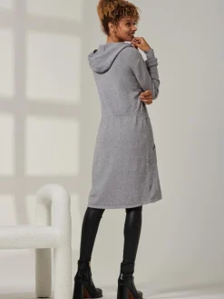 Jolie Moi Knitted Cardigan|Knitted Jumpers-Drawstring Waist Hooded Cardigan, Dove Heather