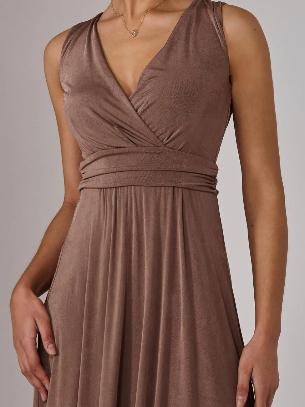 Jolie Moi Occasion Dresses|Sleeveless Dresses-Ella Wrap Bodice Jersey Maxi Dress, Taupe