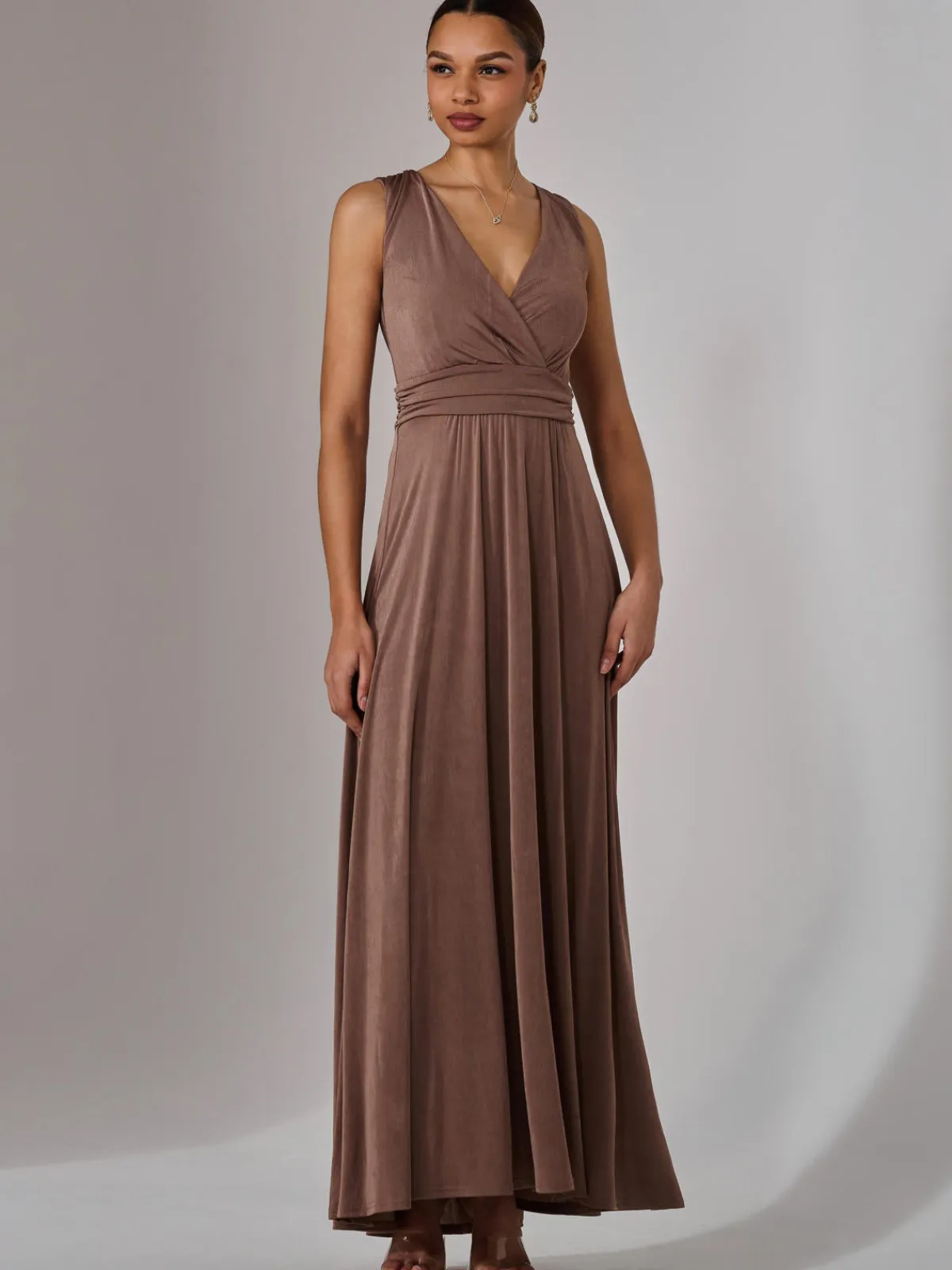 Jolie Moi Occasion Dresses|Sleeveless Dresses-Ella Wrap Bodice Jersey Maxi Dress, Taupe